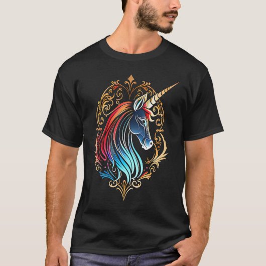 神話的ユニコーン頭カラフルマンダラパターンUn Tシャツ (正面)