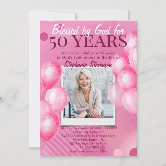 神賛美ピンク写真クリスチャン50誕生日 招待状 (正面)