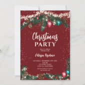 祭りのクリスマス ライト 松の枝 雪 赤 招待状 (正面)