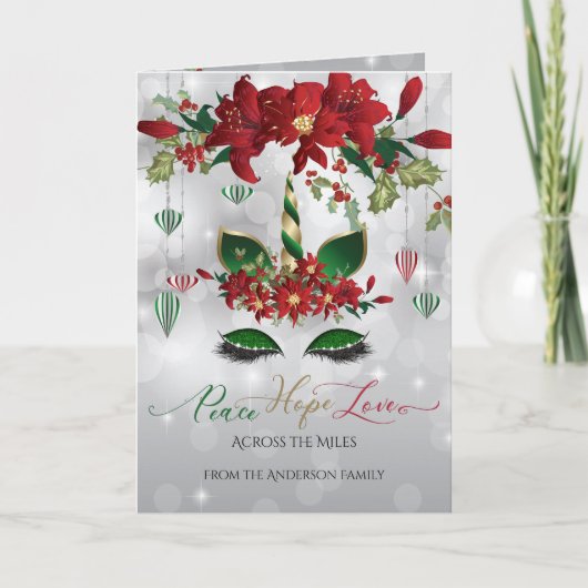 祭りのグリーンとゴールドのホリデーユニコーンの顔 シーズンカード (正面)