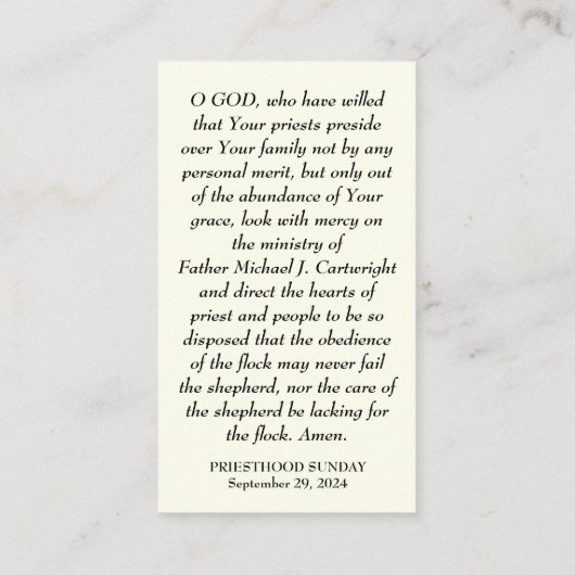 祭司日曜日パーソナライズされた祈りの言葉カード プレイスカード (裏面)
