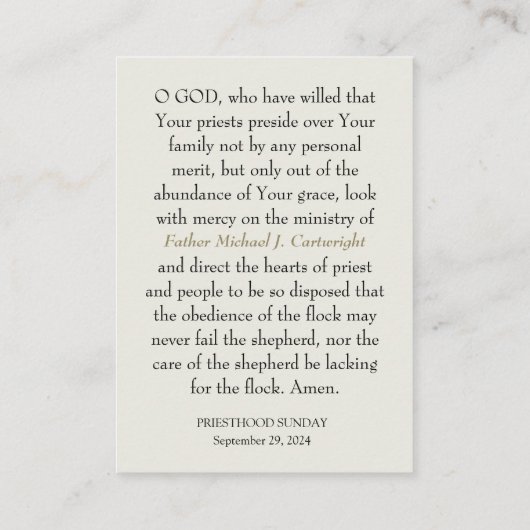 祭司日曜日パーソナライズされた祈りの言葉カード プレイスカード (裏面)
