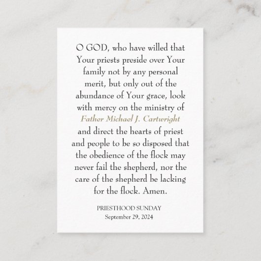 祭司日曜日パーソナライズされた祈りの言葉カード プレイスカード (裏面)