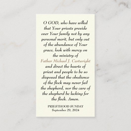 祭司日曜日パーソナライズされた祈りの言葉カード プレイスカード (裏面)