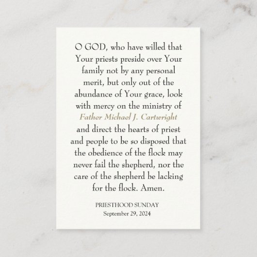 祭司日曜日パーソナライズされた祈りの言葉カード プレイスカード (裏面)