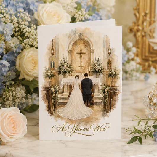 祭壇でひざまずく花嫁と花婿の結婚式 カード