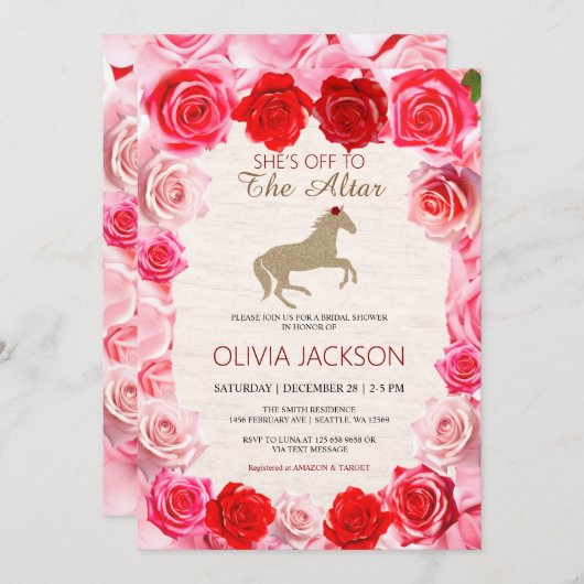 祭壇に向かう赤いローズブライダルシャワーの招待状 シーズンカード (正面/裏面)