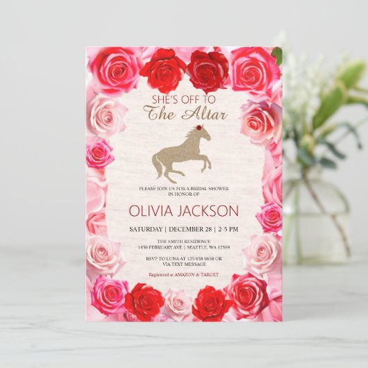 祭壇に向かう赤いローズブライダルシャワーの招待状 シーズンカード (スタンド正面)