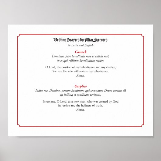 祭壇サーバー用の祈りの言葉の表示(Cassock) ポスター (正面)