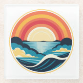 禅のアールデコの夕日が水上 ガラスコースター (正面)