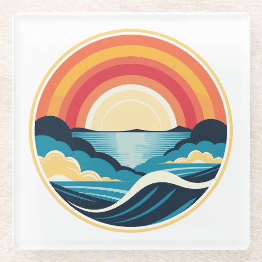 禅のアールデコの夕日が水上 ガラスコースター (正面)