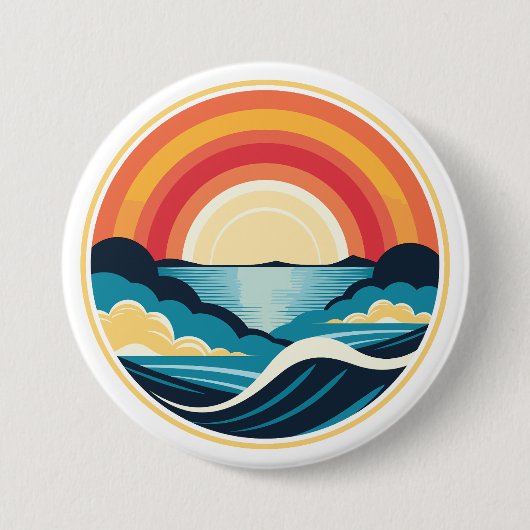 禅のアールデコの夕日が水上 缶バッジ (正面)