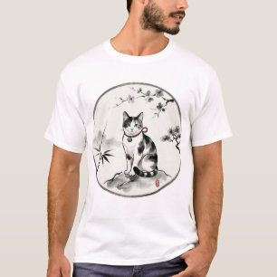 禅の水墨画スタイルの墨流し 猫 アート Tシャツ