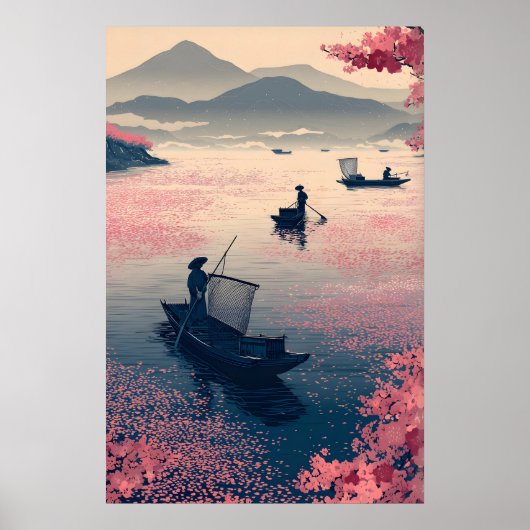 禅の釣りウォールアート 桜と静かな水景 ポスター (正面)