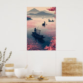 禅の釣りウォールアート 桜と静かな水景 ポスター (キッチン)