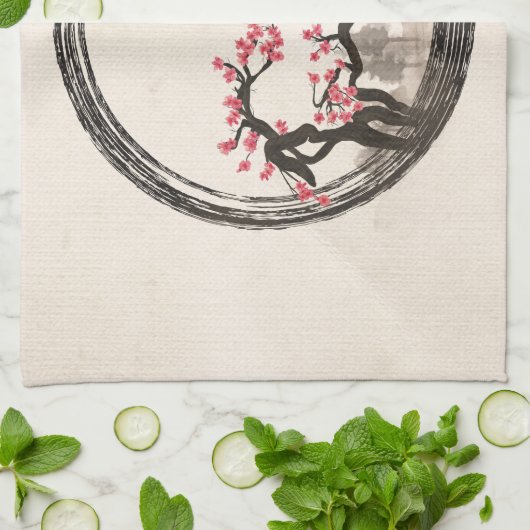 禅のEnsoの円および桜の木 キッチンタオル (折り畳み)