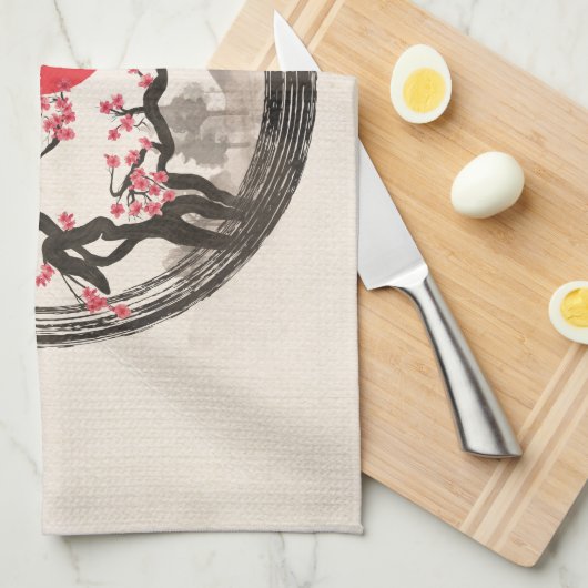 禅のEnsoの円および桜の木 キッチンタオル (四つ折り)