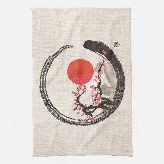 禅のEnsoの円および桜の木 キッチンタオル (縦)