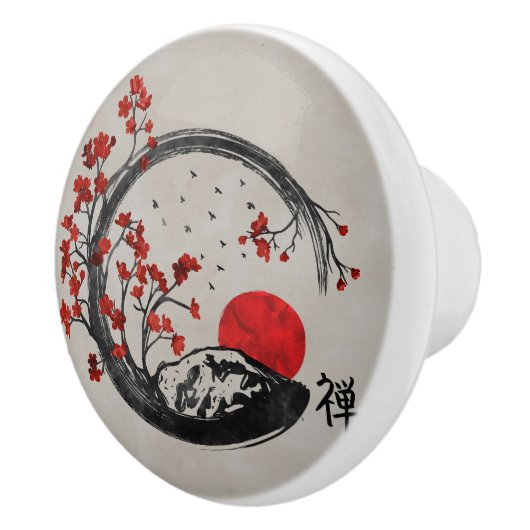 禅のEnsoの円および桜の枝 セラミックノブ (右)