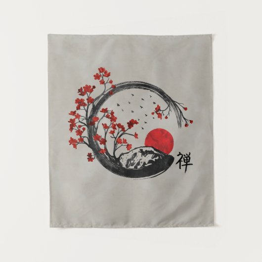 禅のEnsoの円および桜の枝 タペストリー (正面)