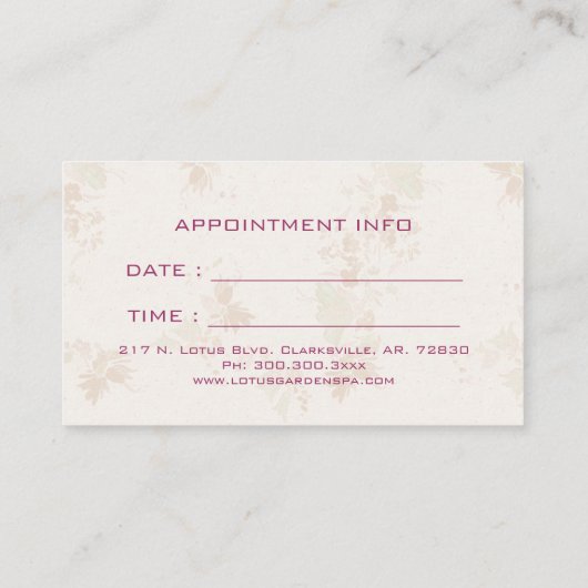 禅エレガントロータスマッサージ | スパアポイントメントカード 予約カード (裏面)