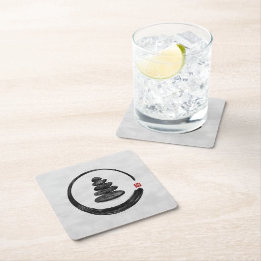 禅エンソーサークルと禅石 – 水彩画 スクエアペーパーコースター (インサイチュ)