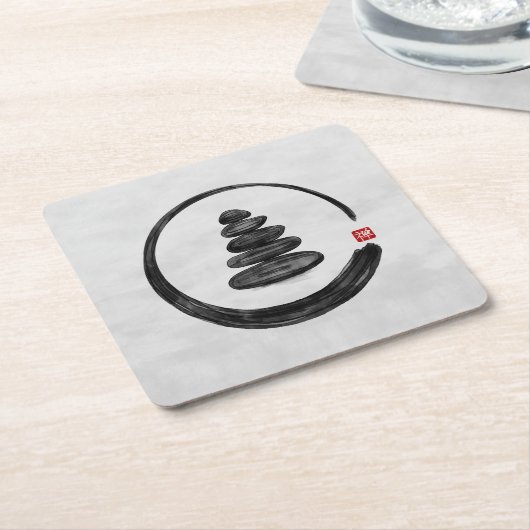 禅エンソーサークルと禅石 – 水彩画 スクエアペーパーコースター (アングル)