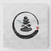 禅エンソーサークルと禅石 – 水彩画 スクエア壁時計 (正面)