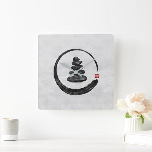 禅エンソーサークルと禅石 – 水彩画 スクエア壁時計 (ホーム)
