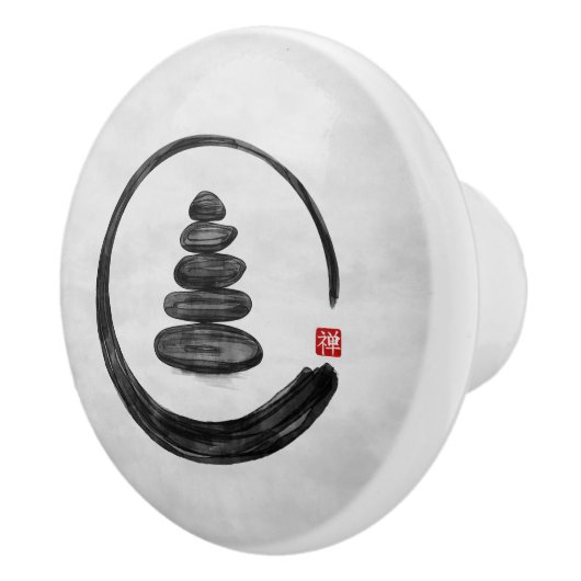 禅エンソーサークルと禅石 – 水彩画 セラミックノブ (右)