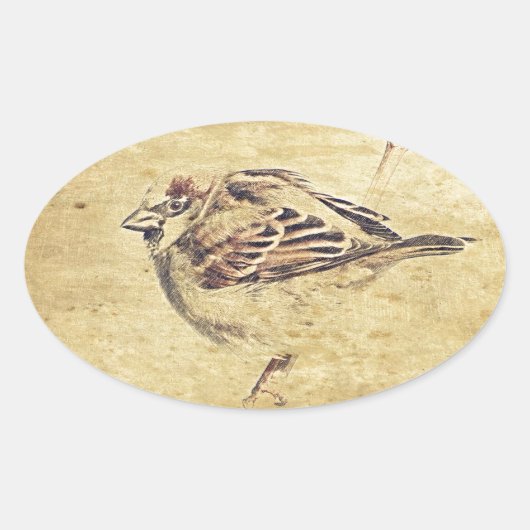 禅オリエンタル鉛筆スケッチ野鳥 楕円形シール (正面)