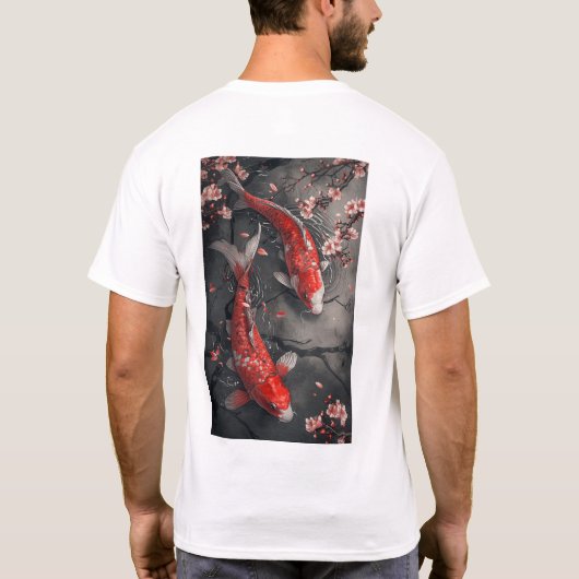 禅コイ魚とさくらんぼブロッサム池Tシャツ Tシャツ (裏面)
