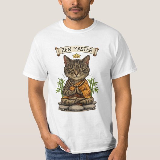 禅マスター猫 楽しい グレー縞猫 ギフト Tシャツ (正面)