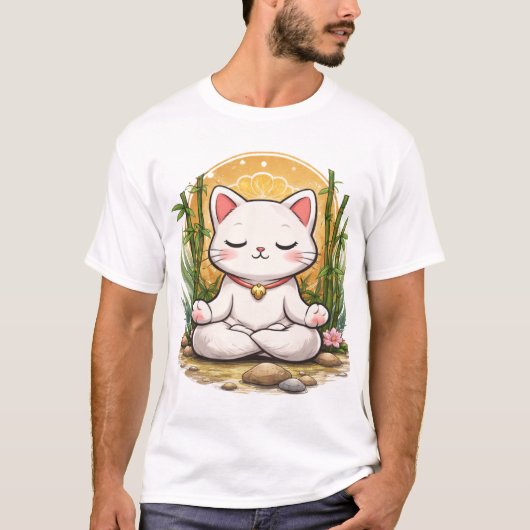 禅ヨガ猫の穏やかな瞑想 かわいいデザイン Tシャツ (正面)