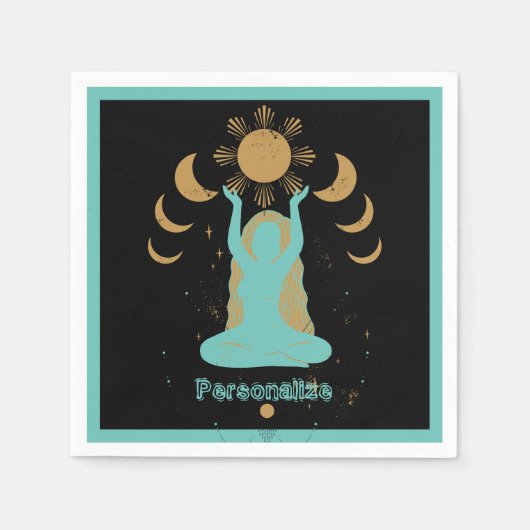 禅ヨガ瞑想金ゴールドティール(緑がかった色)ブラックパーソナライズされた スタンダードカクテルナプキン (正面)