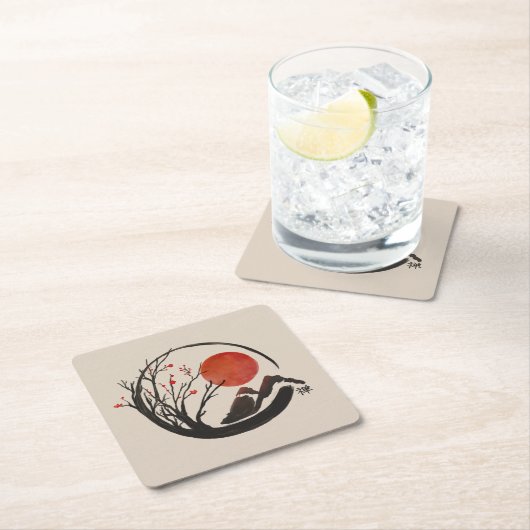 禅円窓と桜樹 スクエアペーパーコースター (インサイチュ)