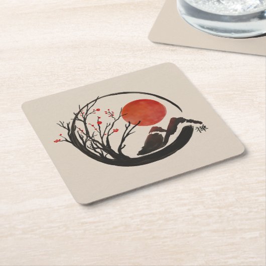 禅円窓と桜樹 スクエアペーパーコースター (アングル)