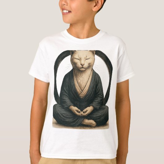 禅定猫 - 円相 マインドフルヨガアート Tシャツ (正面)