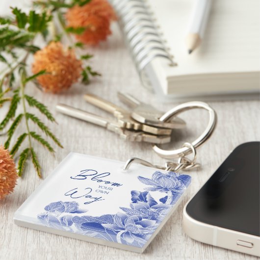 禅感動的引用文ブルーフラワーズロータスマンダラ キーホルダー (正面右)