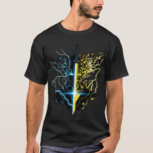 禅慈寺の雷神刀 - 青と黄色の稲妻 Tシャツ (正面)