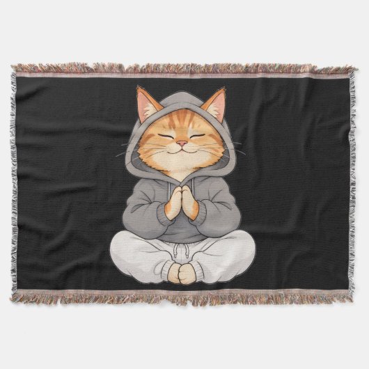 禅猫のパーカー姿 - かわいい瞑想カートゥーン猫 スローブランケット (正面)
