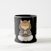 禅猫のパーカー姿 - かわいい瞑想カートゥーン猫 ツートーンマグカップ (中央)