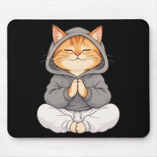 禅猫のパーカー姿 - かわいい瞑想カートゥーン猫 マウスパッド (正面)