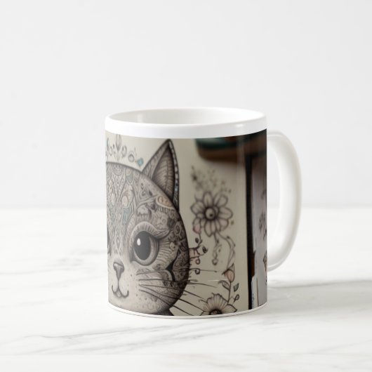 禅猫の曼荼羅柄 イラスト入り コーヒーマグ コーヒーマグカップ (正面右)