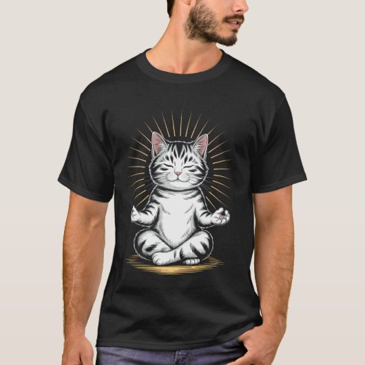 禅猫の瞑想 マインドフルネス ヨガ Tシャツ (正面)