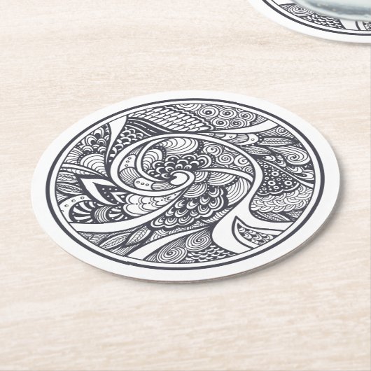 禅落書きのスタイルの抽象的なパターン ラウンドペーパーコースター (アングル)