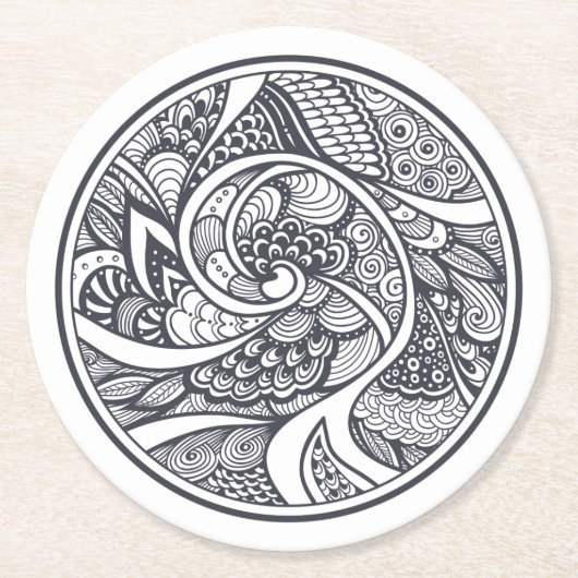 禅落書きのスタイルの抽象的なパターン ラウンドペーパーコースター (正面)