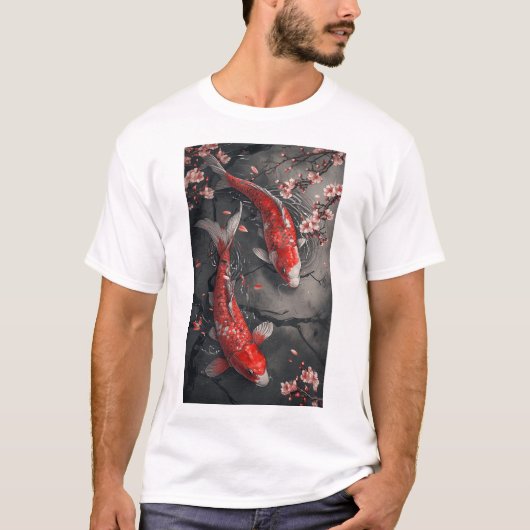 禅赤コイ魚とさくらんぼ花池Tシャツ Tシャツ (正面)