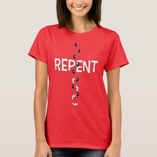 福音伝道REPENT足跡クロス（白/黒） Tシャツ (正面)