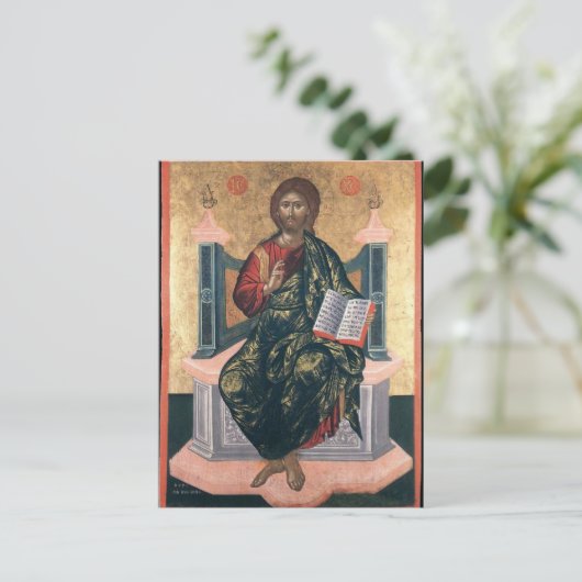 福音書の正統なアイコンを持つイエス・キリスト ポストカード (スタンド正面)